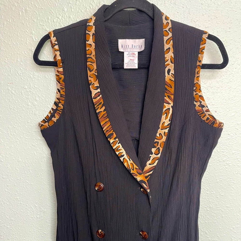 Vintage black sleeveless dress leopard print details size 14